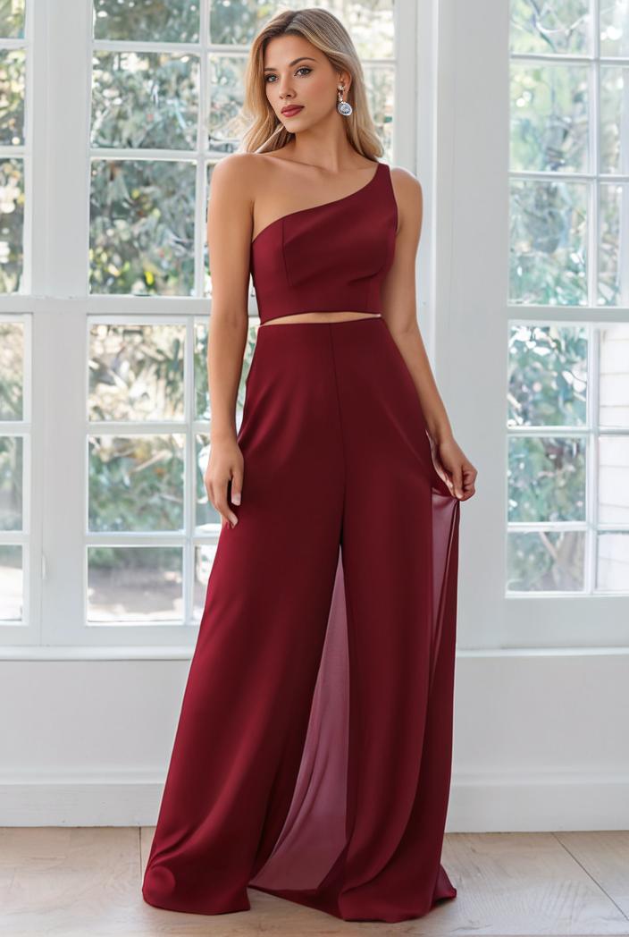 flowy chiffon one shoulder with three straps bridesmaid dress 137387