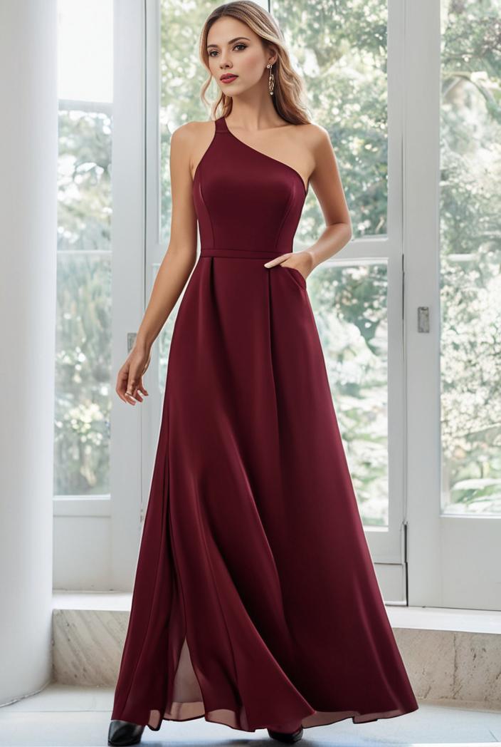 flowy chiffon one shoulder with three straps bridesmaid dress 137460