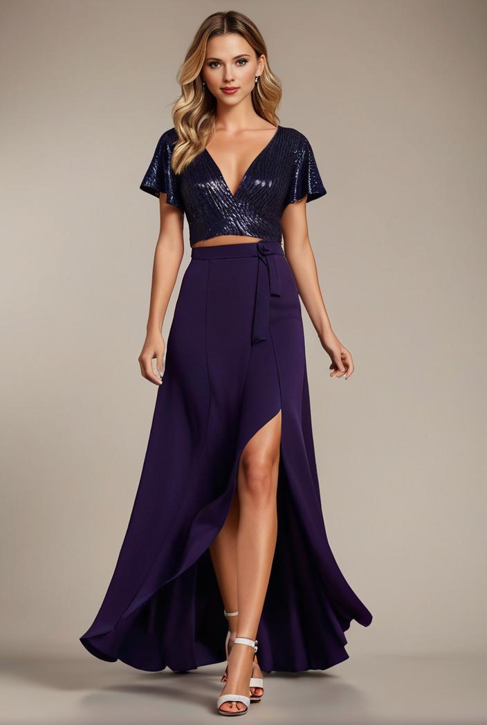 glitter high low front side slit ruffled v neck evening dress 137672