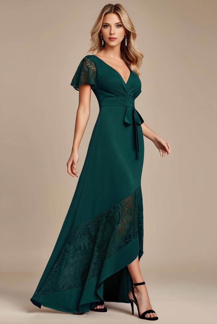 glitter high low front side slit ruffled v neck evening dress 137678