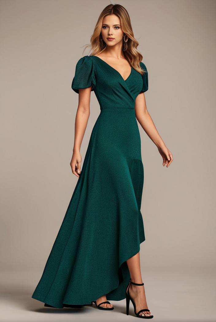 glitter high low front side slit ruffled v neck evening dress 137686