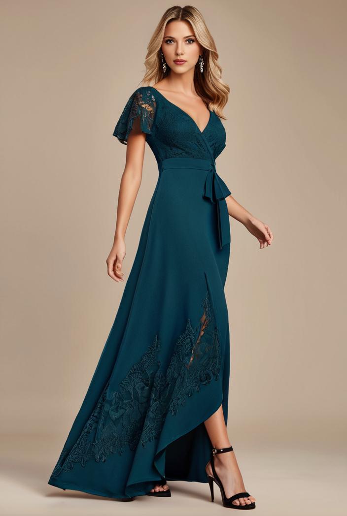 glitter high low front side slit ruffled v neck evening dress 137695