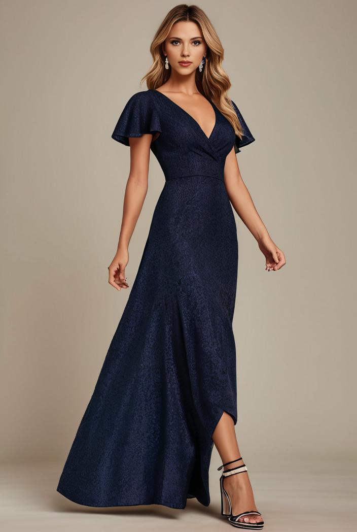 glitter high low front side slit ruffled v neck evening dress 137707