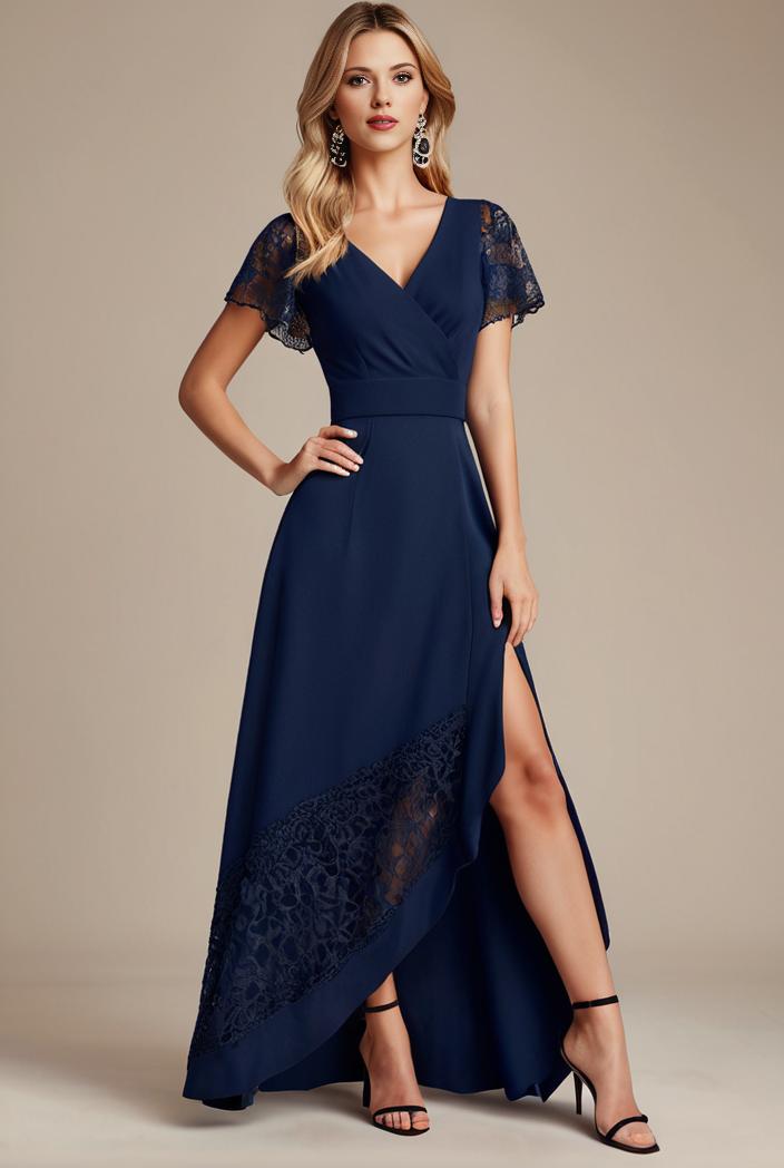 glitter high low front side slit ruffled v neck evening dress 137726