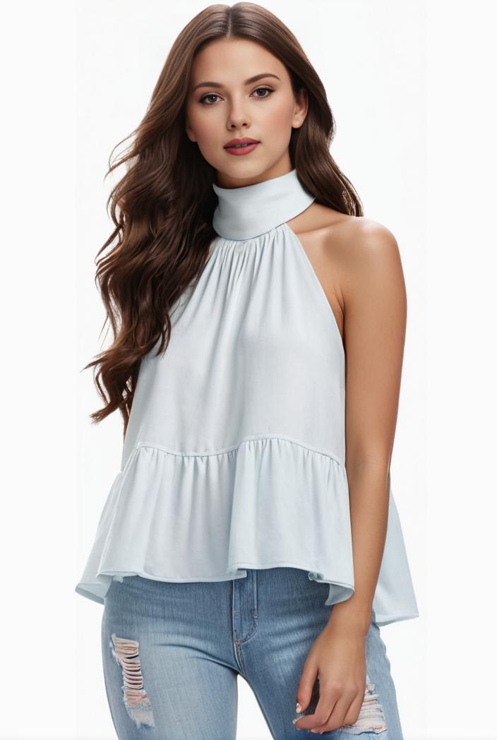 mock neck ruched ruffles sleeveless casual top 141160