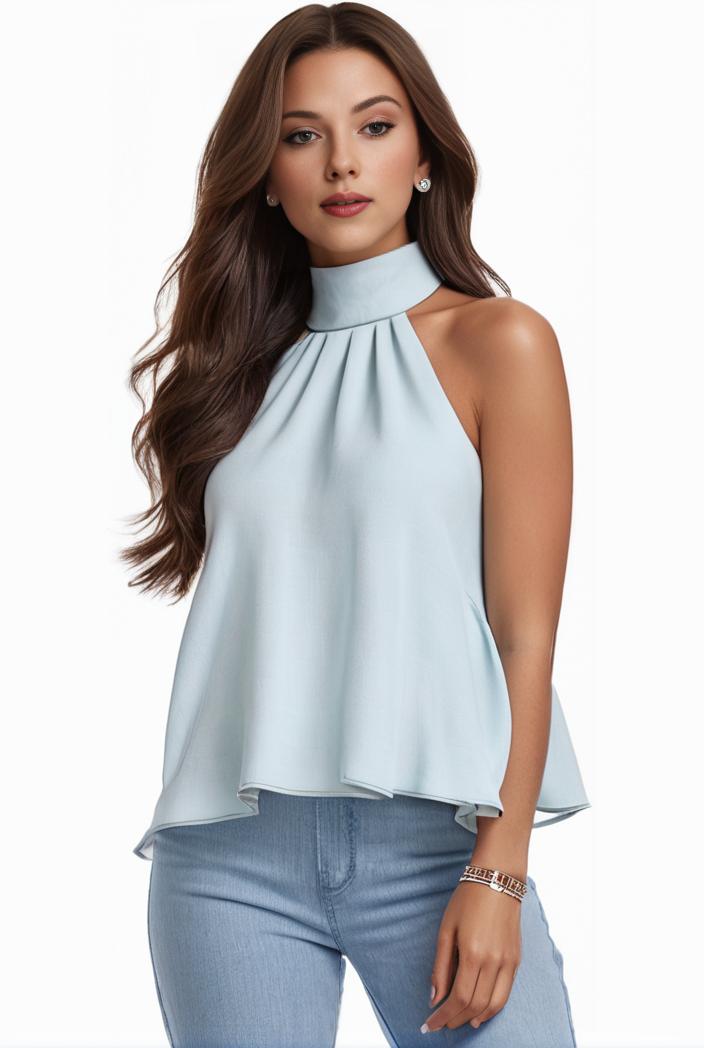 mock neck ruched ruffles sleeveless casual top 141162