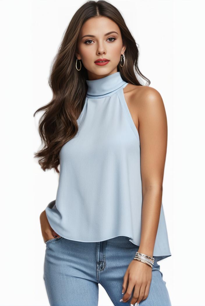 mock neck ruched ruffles sleeveless casual top 141164