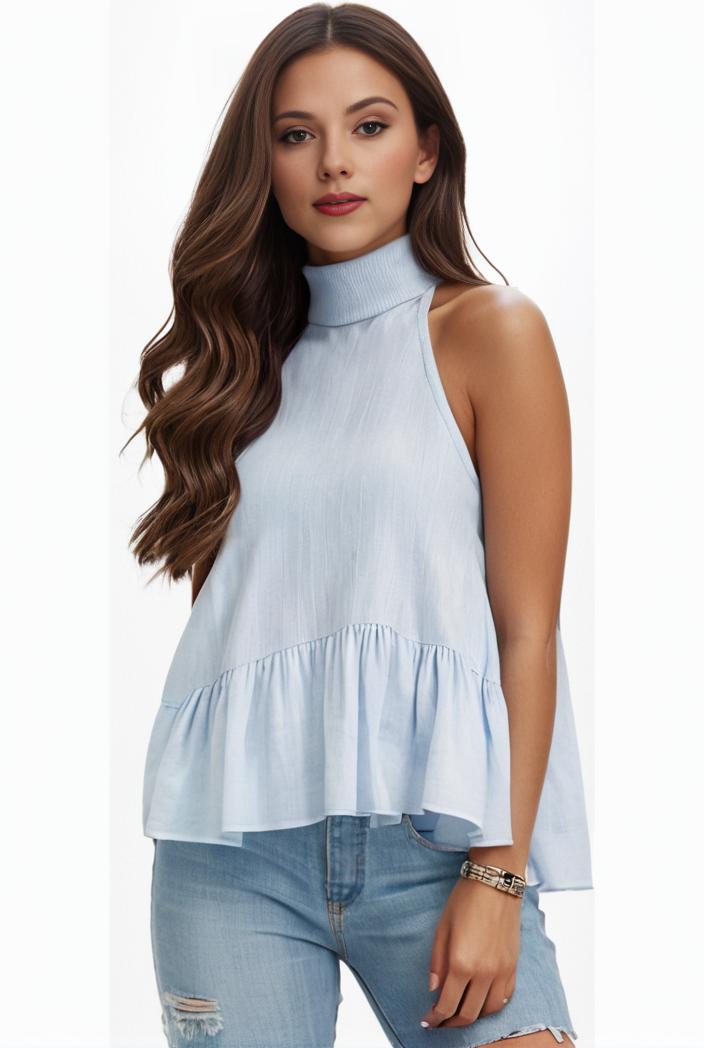 mock neck ruched ruffles sleeveless casual top 141163