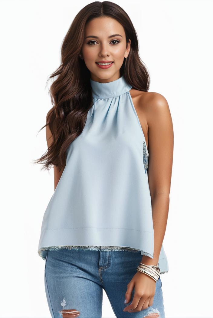 mock neck ruched ruffles sleeveless casual top 141165