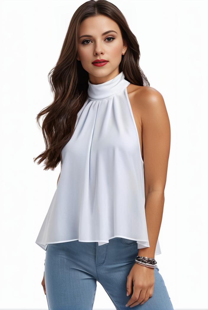 mock neck ruched ruffles sleeveless casual top 141166