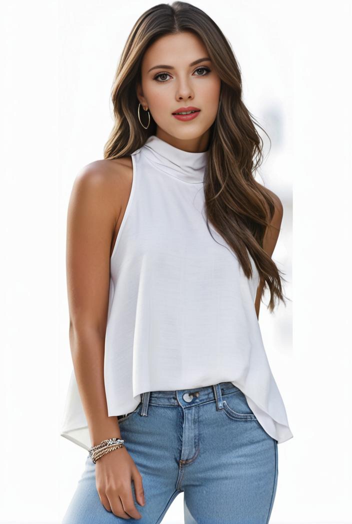 mock neck ruched ruffles sleeveless casual top 141171