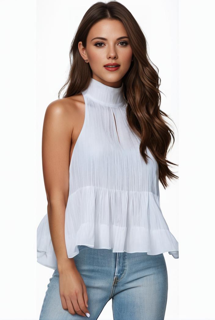 mock neck ruched ruffles sleeveless casual top 141172