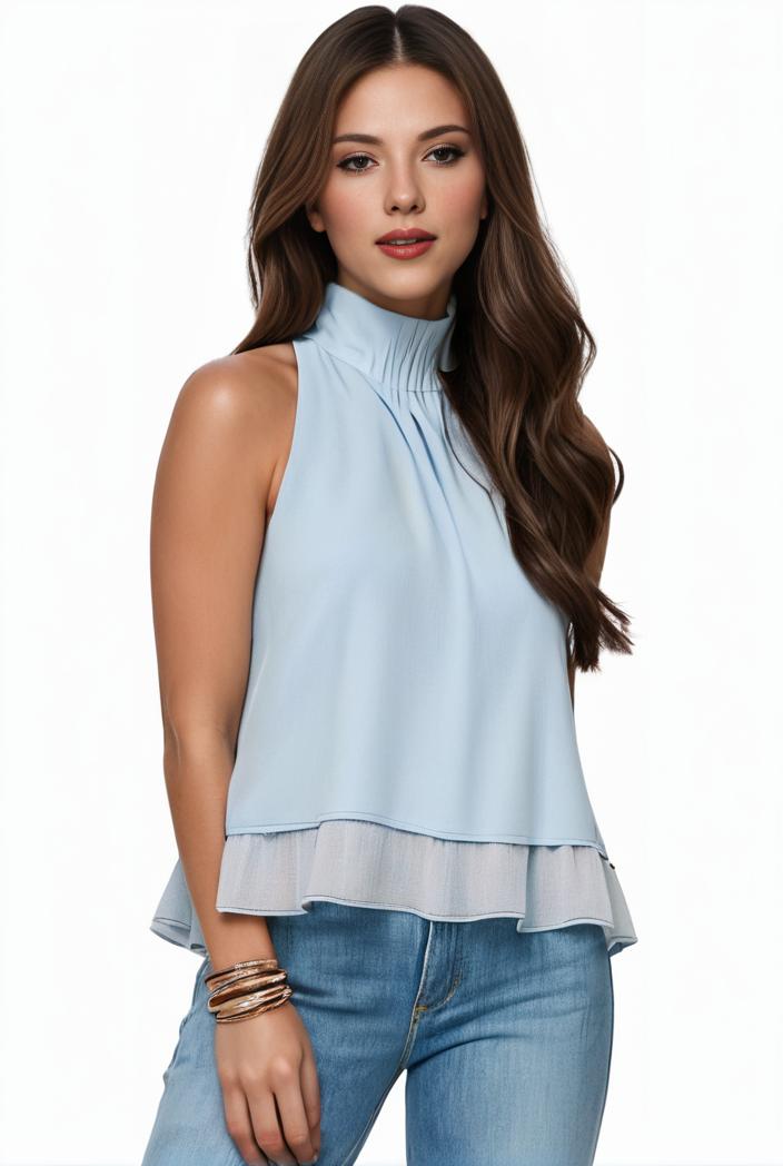 mock neck ruched ruffles sleeveless casual top 141173