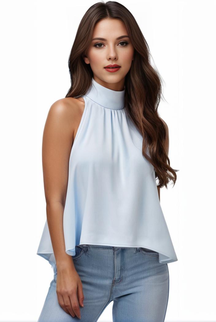 mock neck ruched ruffles sleeveless casual top 141174