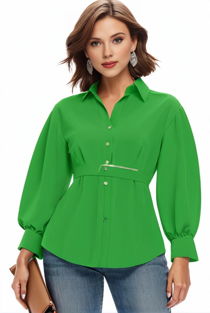 plus size casual blouse women s plus solid button up lantern sleeve turn down collar nipped waist blouse 143740