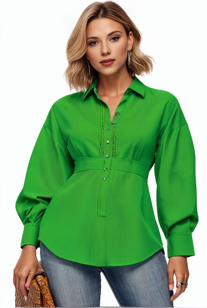 plus size casual blouse women s plus solid button up lantern sleeve turn down collar nipped waist blouse 143744