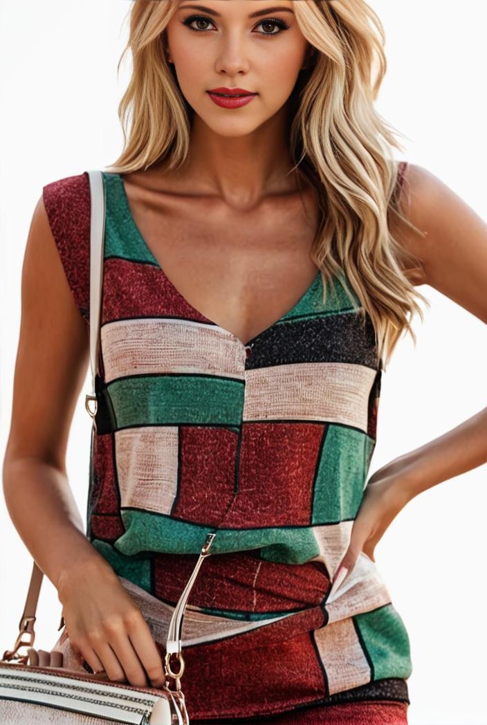 plus size casual tank top women s plus patchwork print medium stretch henley tank top 144416