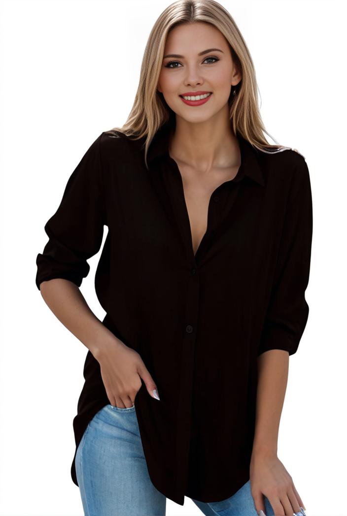plus size formal shirt women s plus plain long sleeve turn down collar button up workwear shirt 146125