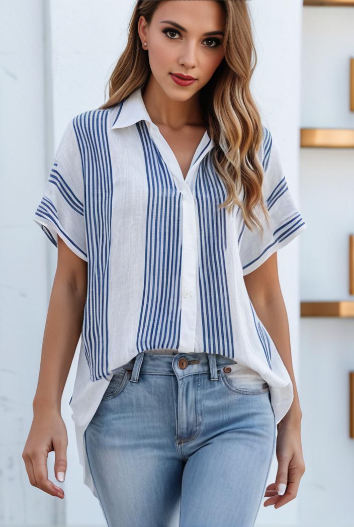 v neck thin loose plaid short sleeved blouse 114870