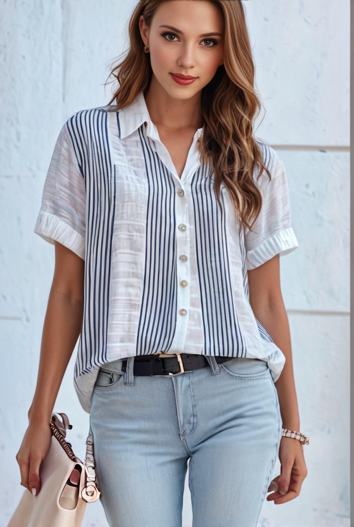 v neck thin loose plaid short sleeved blouse 114871