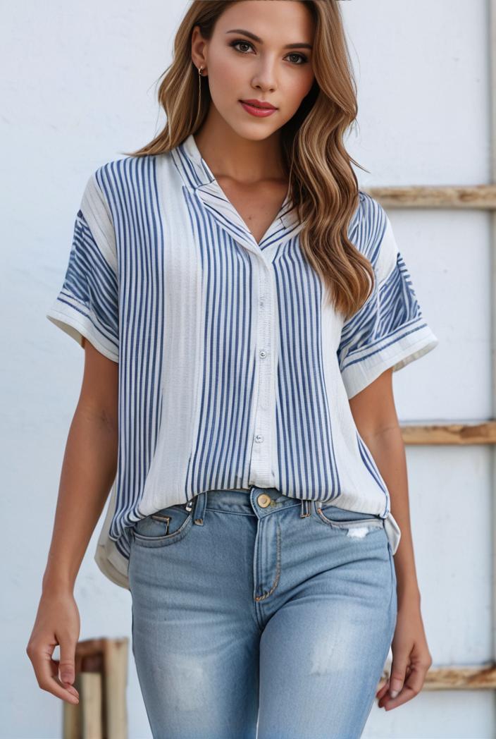 v neck thin loose plaid short sleeved blouse 114874