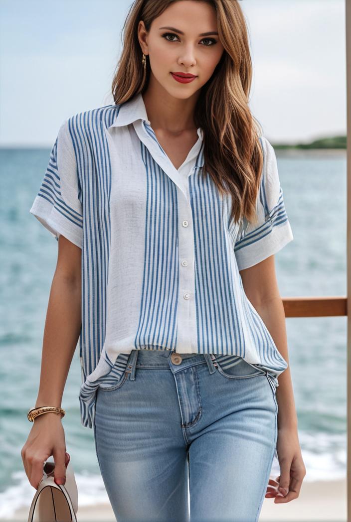 v neck thin loose plaid short sleeved blouse 114876