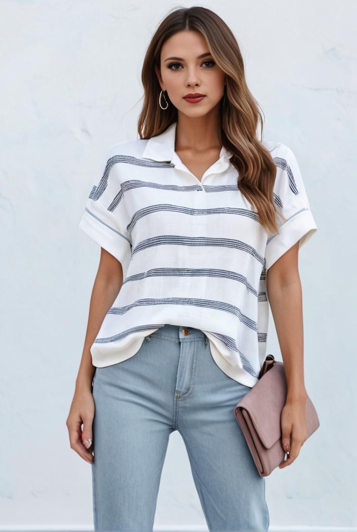 v neck thin loose plaid short sleeved blouse 114881