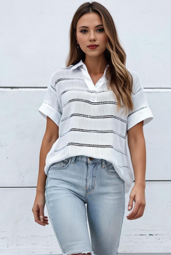 v neck thin loose plaid short sleeved blouse 114883