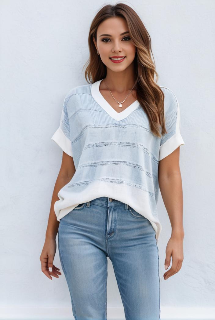 v neck thin loose plaid short sleeved blouse 114884