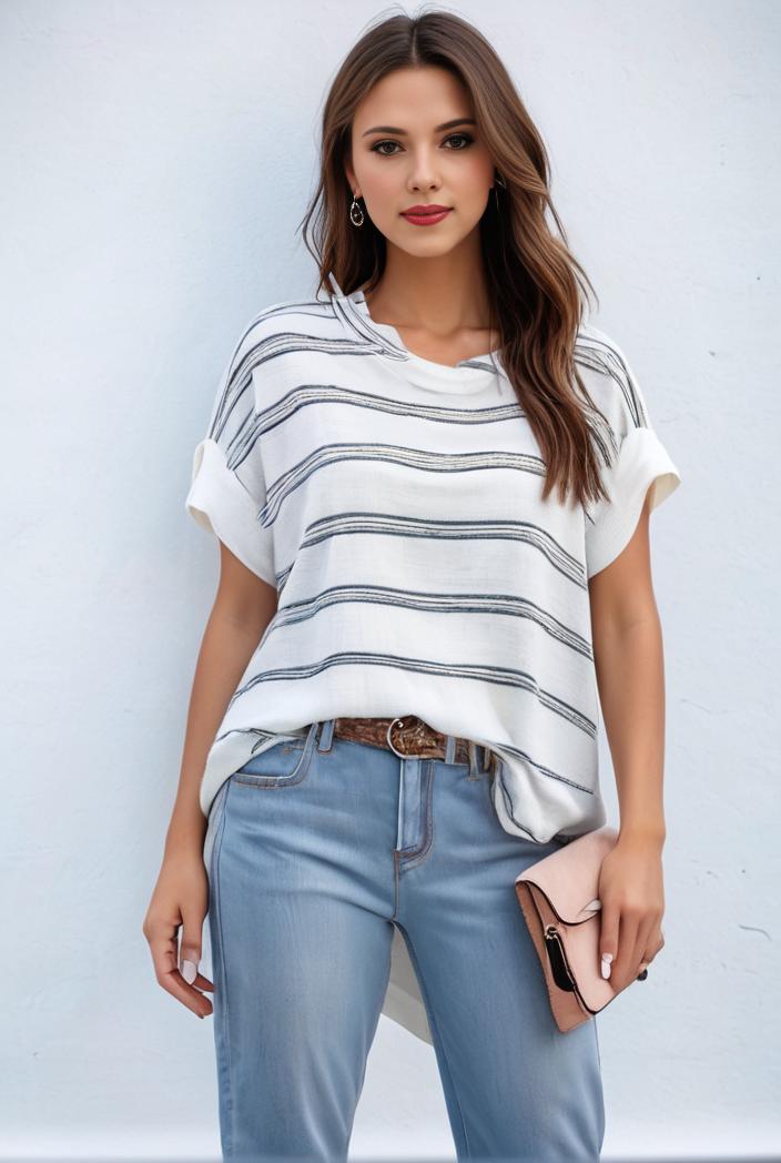 v neck thin loose plaid short sleeved blouse 114885
