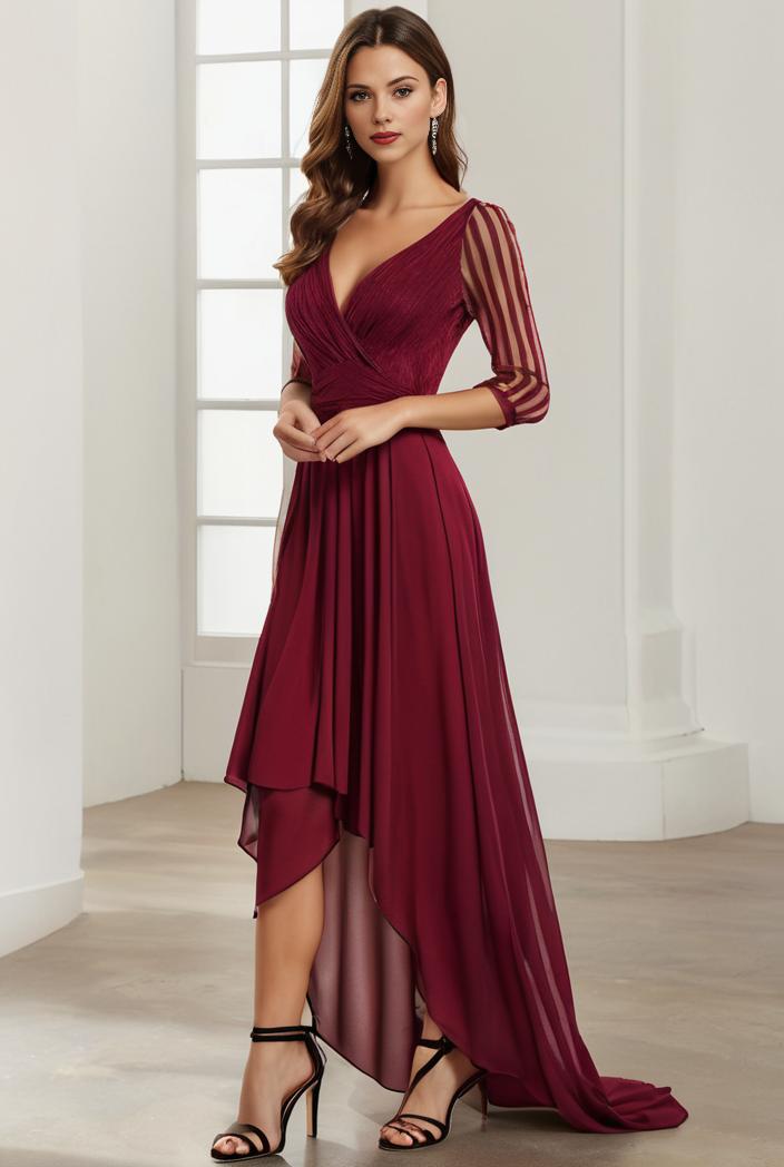 3 4 sleeve sheer sequin stripe high low hem evening dress 118540