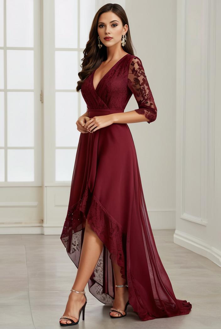 3 4 sleeve sheer sequin stripe high low hem evening dress 118541
