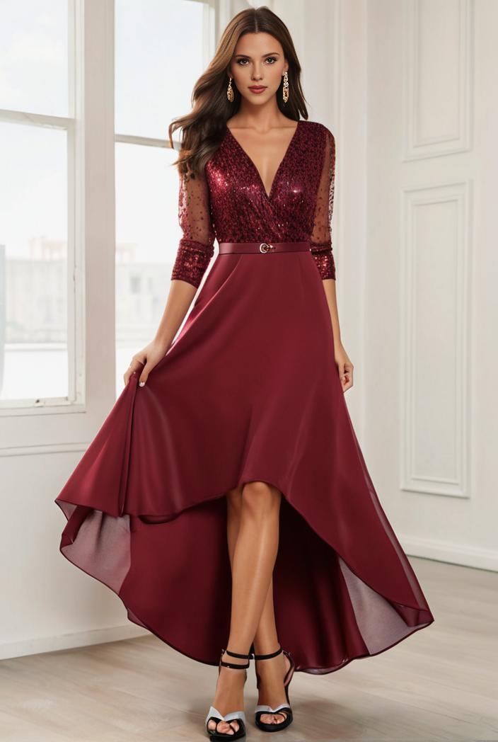 3 4 sleeve sheer sequin stripe high low hem evening dress 118554