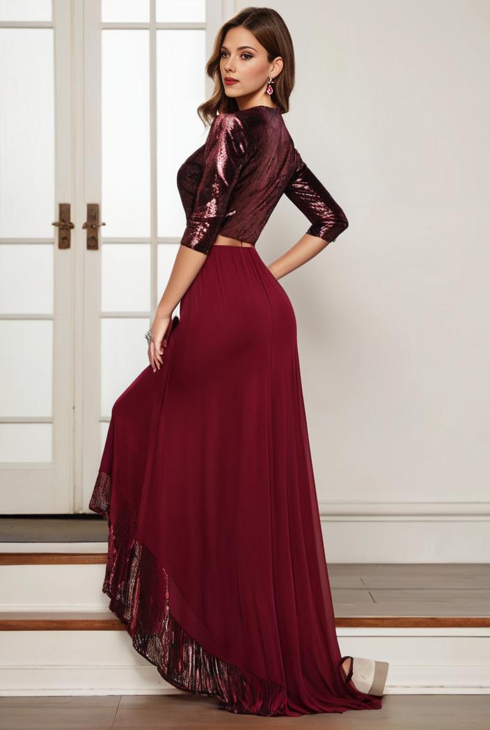 3 4 sleeve sheer sequin stripe high low hem evening dress 118558