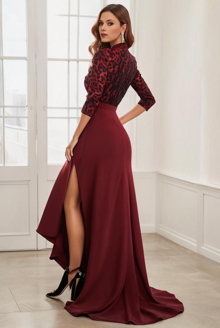 3 4 sleeve sheer sequin stripe high low hem evening dress 118563