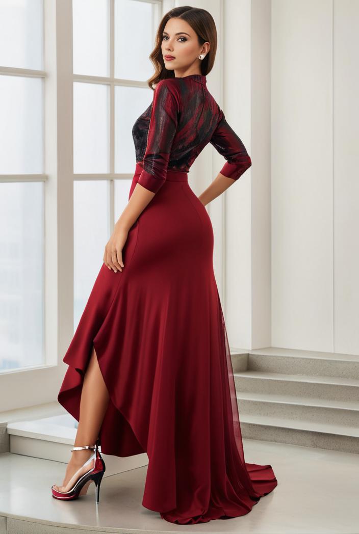 3 4 sleeve sheer sequin stripe high low hem evening dress 118576
