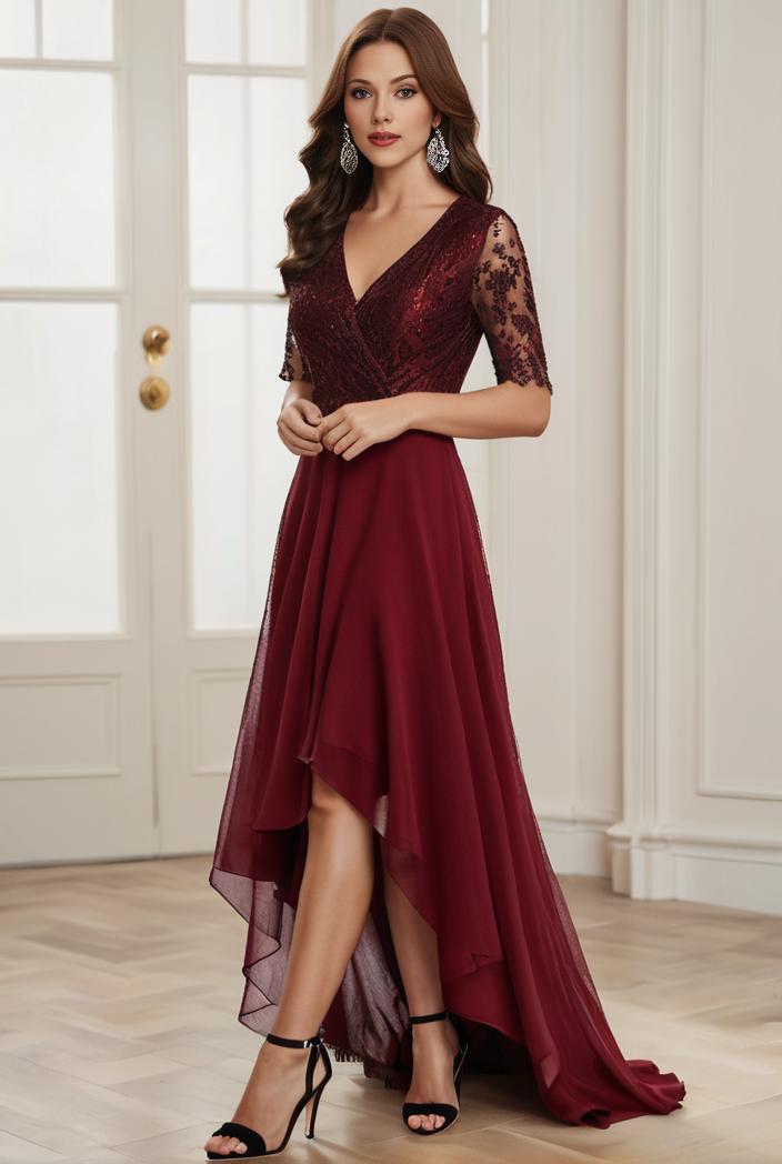 3 4 sleeve sheer sequin stripe high low hem evening dress 118582