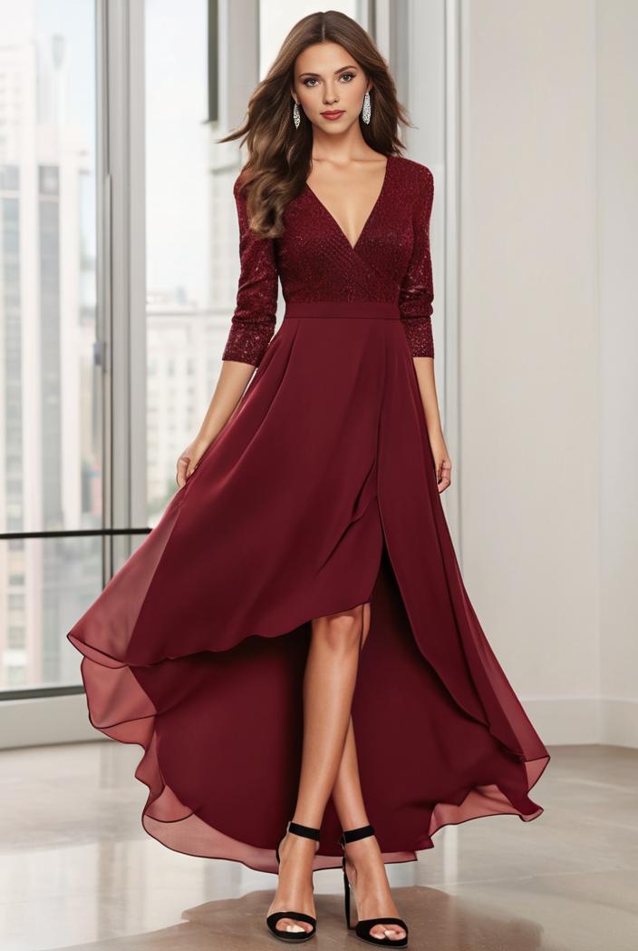 3 4 sleeve sheer sequin stripe high low hem evening dress 118591