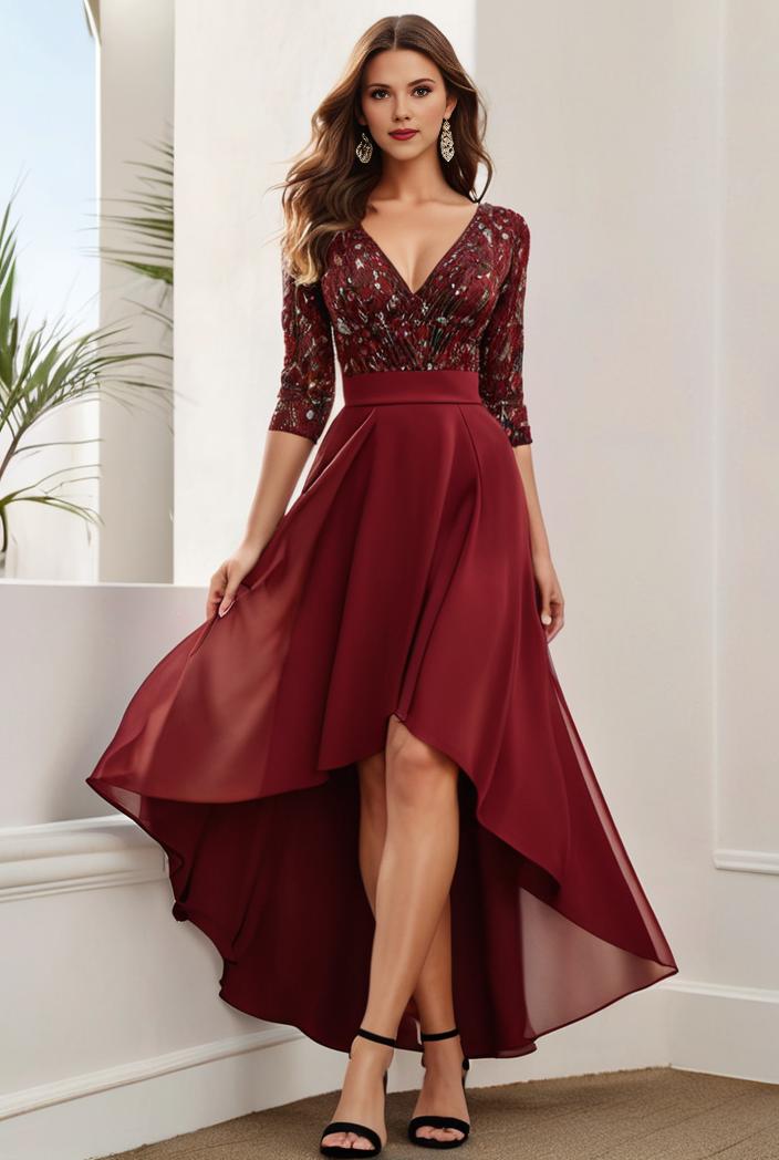 3 4 sleeve sheer sequin stripe high low hem evening dress 118595