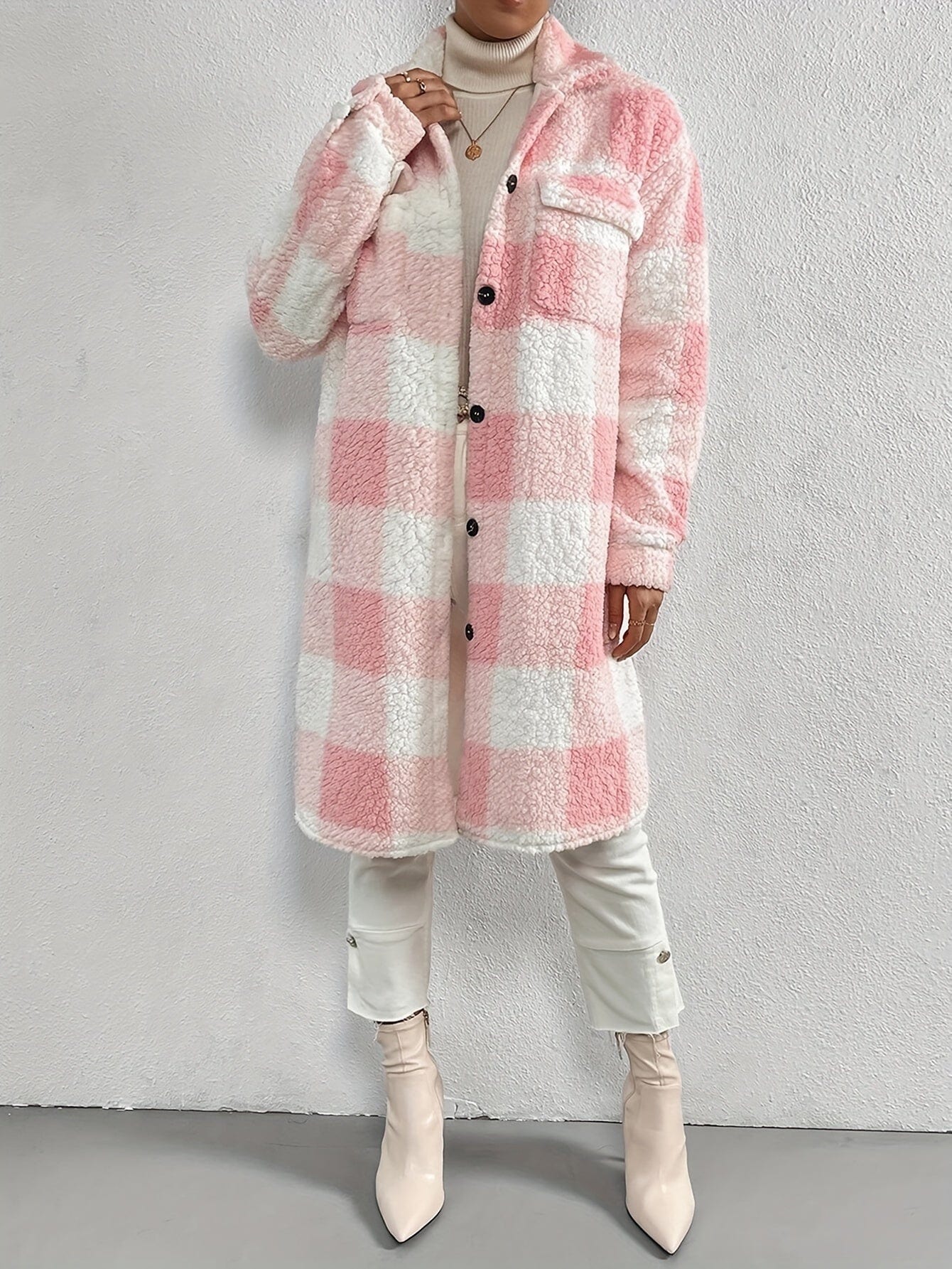 Plaid Pattern Teddy Open Front Styling Coat