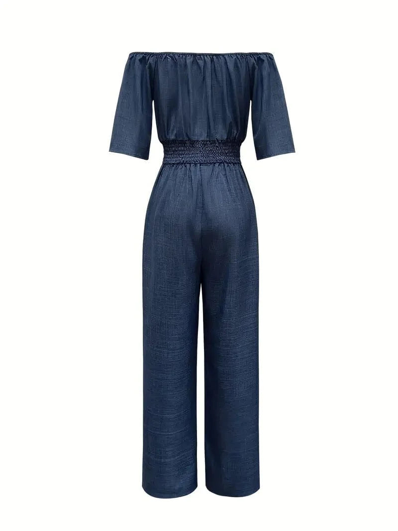 Off Shoulder Wide Leg Jumpsuit for Women: Stylish Casual Short Sleeve Outfit for Spring & Summer