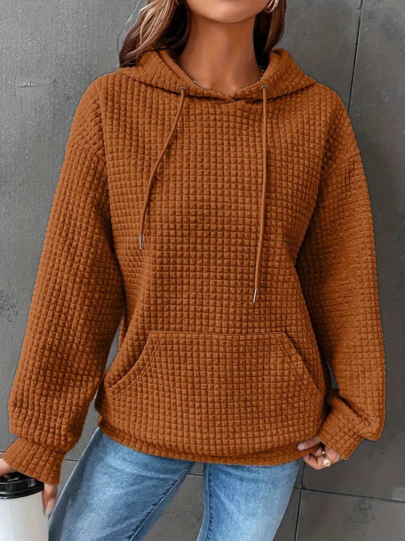 Waffle Grid Kangaroo Pocket Hoodie, Long Sleeve Drawstring Hoodies for Women