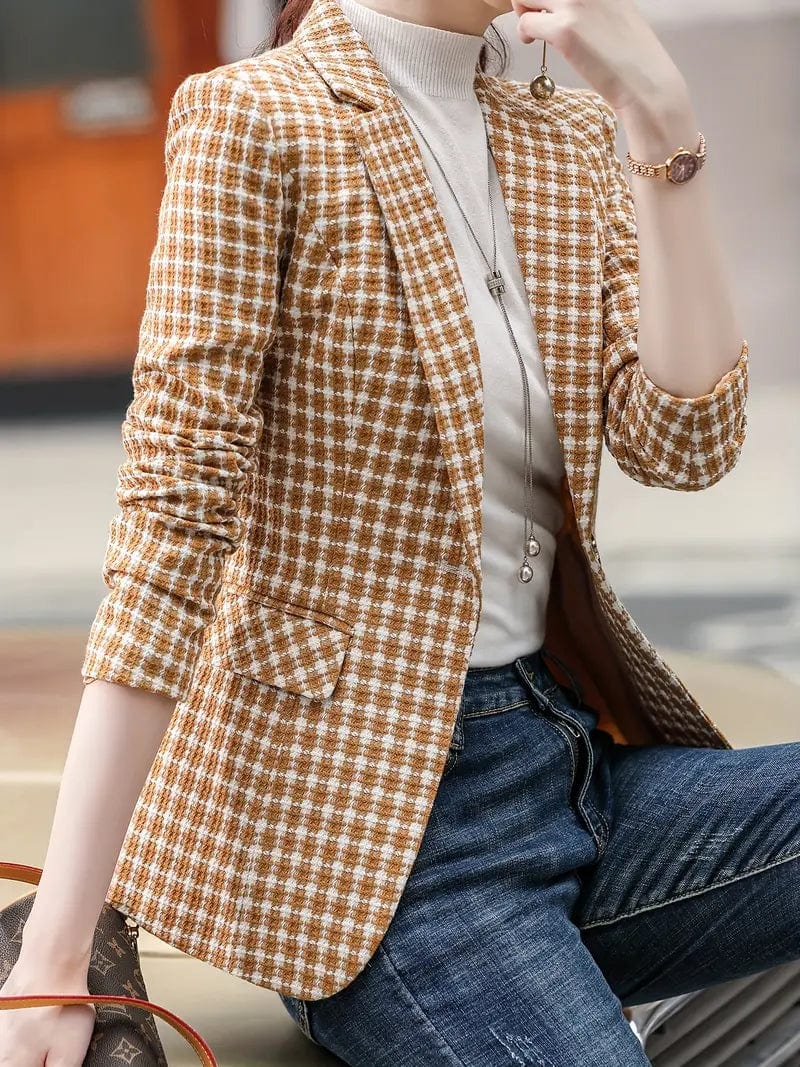 Sophisticated Houndstooth Blazer with Chic Lapel for Autumn & Winter, Women's Apparel