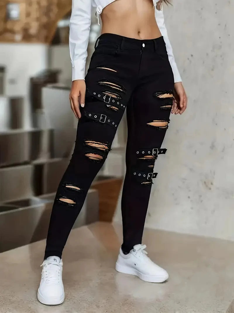 Stylish Distressed Skinny Jeans for Women, Slim-Fit Stretchy Denim Pants