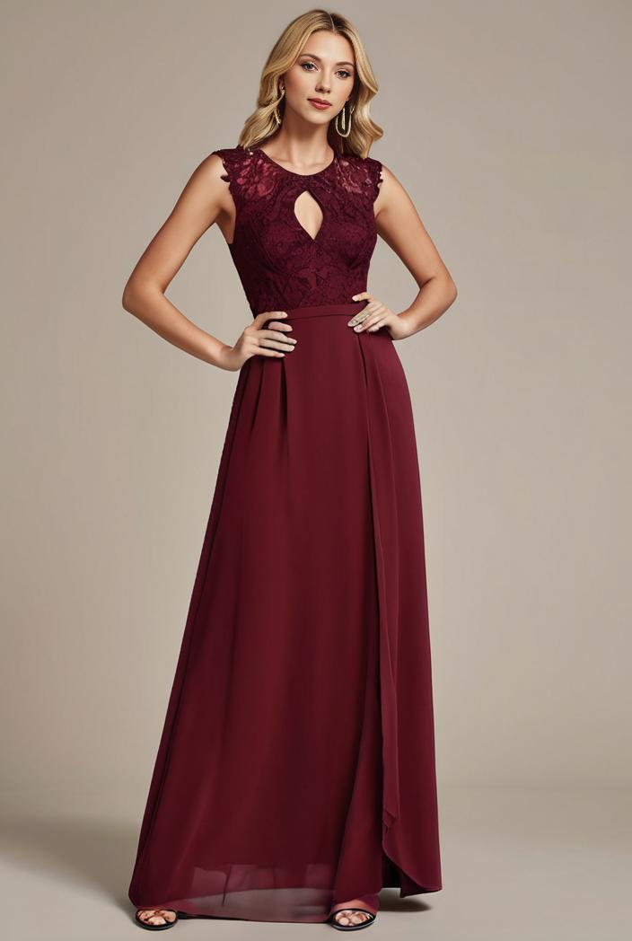 elegant chiffon maxi evening dress with lace cap sleeve 124696