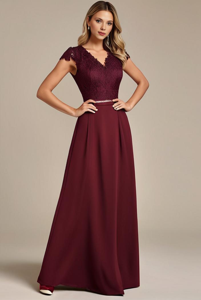 elegant chiffon maxi evening dress with lace cap sleeve 124697