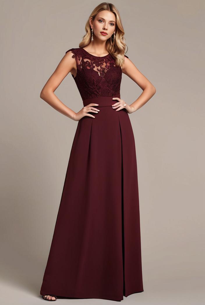 elegant chiffon maxi evening dress with lace cap sleeve 124701