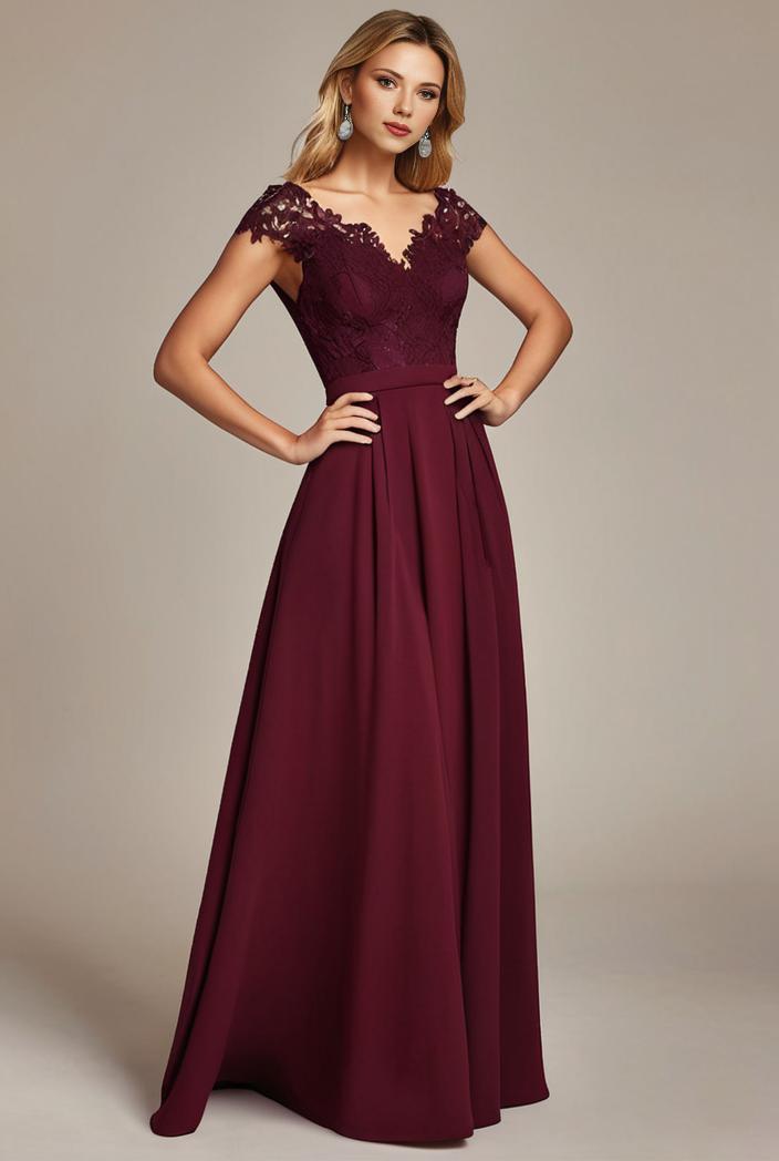 elegant chiffon maxi evening dress with lace cap sleeve 124698