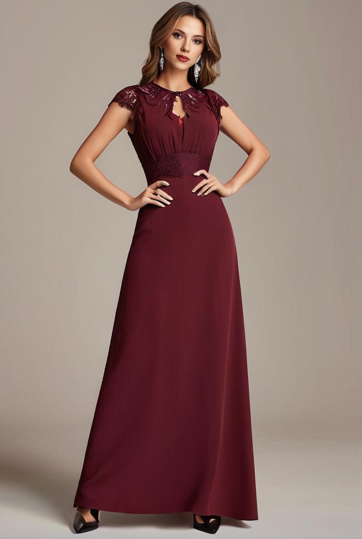 elegant chiffon maxi evening dress with lace cap sleeve 124699