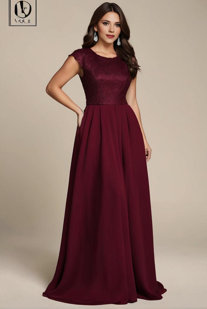 elegant chiffon maxi evening dress with lace cap sleeve 124717